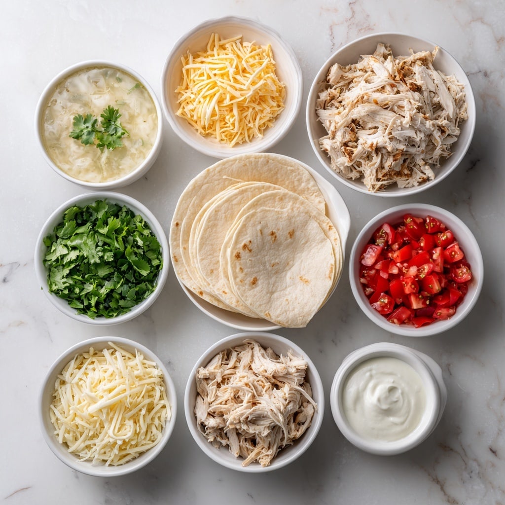 Two rolled enchiladas lie side by side on a large white plate with a white marbled surface below. The bottom layer of the enchiladas is a golden-brown tortilla, visible on the edges. They are covered in a thick layer of creamy white sauce that flows smoothly over and around the rolled tortillas. On top, a small pile of fresh diced red tomatoes and green herbs, including cilantro and chopped green onions, adds bright color. The sauce shows slight browning in spots, giving a baked effect. The overall look is fresh, creamy, and colorful. photo taken with an iphone --ar 4:5 --v 7