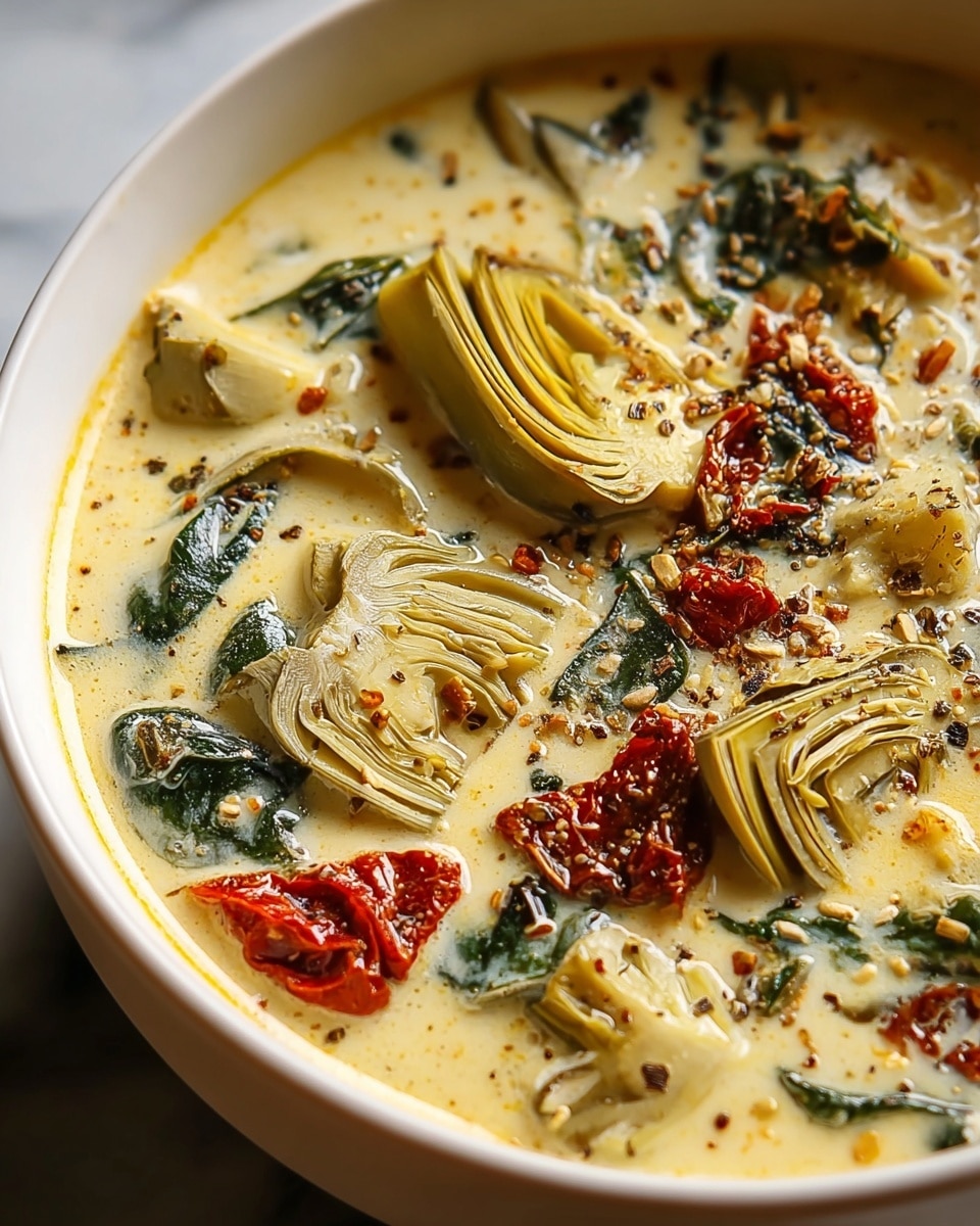 A close-up of a white bowl filled with creamy soup that has a light yellow color. Floating on top are several pieces of light green artichoke hearts with visible layered texture, dark green spinach leaves, and small pieces of sun-dried tomatoes that add red color. The surface is sprinkled with coarse black pepper and some small light granules, possibly cheese or seeds. The bowl sits on a white marbled surface, and the overall look is warm and inviting. photo taken with an iphone --ar 4:5 --v 7