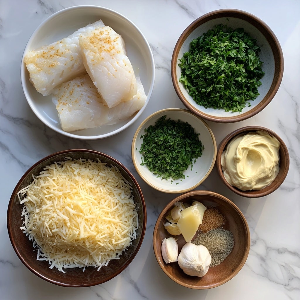 Two pieces of white fish with a golden crispy top layer covered in small browned crumbs and green parsley bits sit side by side in a white dish. The fish rests on a light creamy sauce that fills the bottom of the dish and has some green herb oil spots on it. A wedge of yellow lemon is placed at the corner of the dish, partially visible. The white marbled surface under the dish is faintly seen in the background. photo taken with an iphone --ar 4:5 --v 7