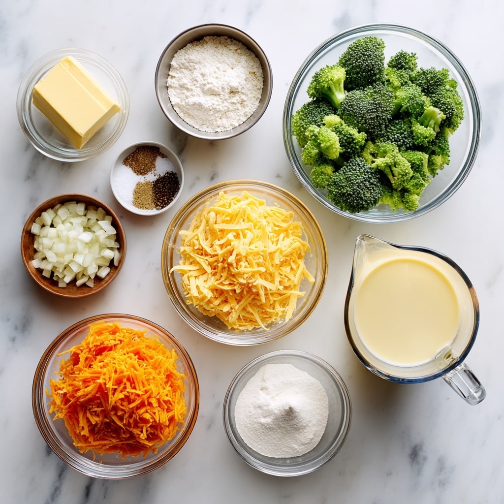Several clear glass bowls and measuring cups are arranged on a white marbled surface, each holding different ingredients for cooking. The largest bowl on the right holds many small pieces of bright green broccoli. Below it, a medium bowl is filled with a heap of shredded yellow smoked gouda cheese. A small metal bowl near the broccoli contains different seasonings in three parts: white salt, black pepper, and a reddish spice. Above them, a tiny metal bowl has finely chopped garlic. To the left, a bowl has a pile of white chopped onion. Next to it is a small bowl with a stick of yellow butter and another bowl with white flour. There is a large clear measuring cup with pale yellow chicken broth and in front of it, a smaller measuring cup holds white milk. A bowl with shredded orange carrot is near the bottom left corner. The layout is neat and all items are clearly visible, with the white marbled surface providing a clean background photo taken with an iphone --ar 4:5 --v 7
