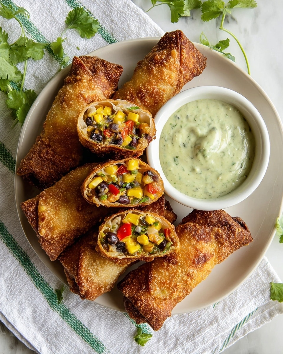 A white plate holds several crispy golden-brown egg rolls, with three cut in half to show the filling inside. The filling has bright yellow corn kernels, black beans, red bell peppers, and small green herbs, creating a colorful, textured mix. Next to the egg rolls is a small white bowl filled with a thick, creamy pale green dip speckled with herbs. The plate sits on a white marbled surface with a white cloth featuring green stripes under it, and some fresh green cilantro leaves lie nearby. Photo taken with an iphone --ar 4:5 --v 7