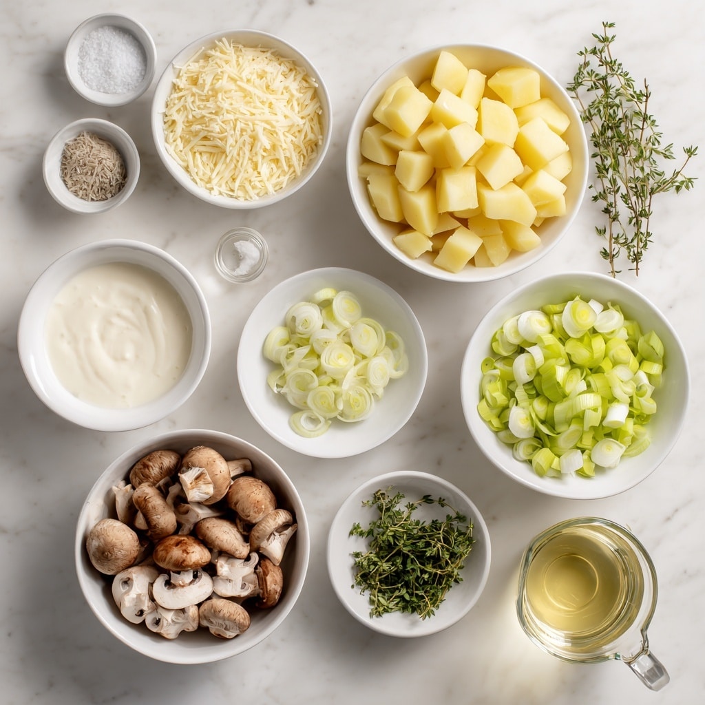 The image shows a white marbled surface with several white bowls and a small glass measuring cup arranged neatly, each filled with different ingredients. In the top center, there is a white bowl filled with diced yellow potatoes, and next to it on the left is a bowl with white heavy cream. Below the potatoes, there is a bowl of light green sliced leeks, and to its right, a small white plate with minced garlic. At the top left, a white bowl is filled with finely grated pale yellow parmesan cheese, and below it is a tiny bowl containing salt and pepper. To the far left, a short glass pitcher holds clear white wine. In the bottom left, a white bowl holds sliced brown mushrooms, surrounded by small sprigs of fresh green herbs including thyme, mint, parsley, and marjoram. Lastly, a glass measuring cup filled with light yellow-green veggie broth sits at the bottom right. All these elements are spaced out clearly on the white marbled surface. photo taken with an iphone --ar 4:5 --v 7