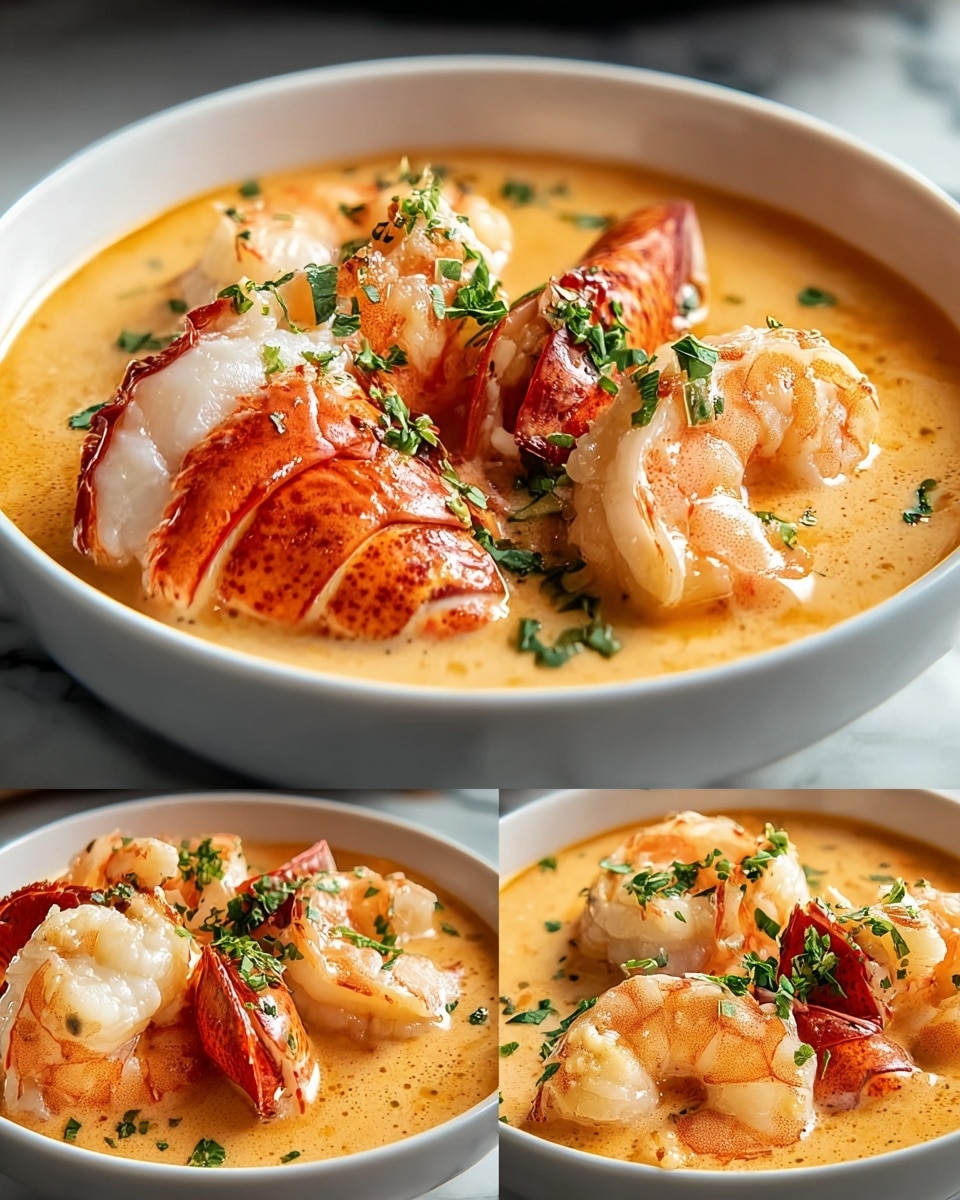 The dish shows a white bowl filled with a creamy orange soup base that looks smooth and rich. Floating on top are large pieces of lobster meat with a bright orange shell and white flesh, along with pinkish shrimp that have clear segments and a slight shine. The seafood pieces are arranged in a way that they float just above the soup, and there is a sprinkle of green herbs on top of everything. The bowl sits on a white marbled surface, and the images capture the dish from different angles, showing the glossy texture of the soup and the plump seafood pieces. Photo taken with an iphone --ar 4:5 --v 7