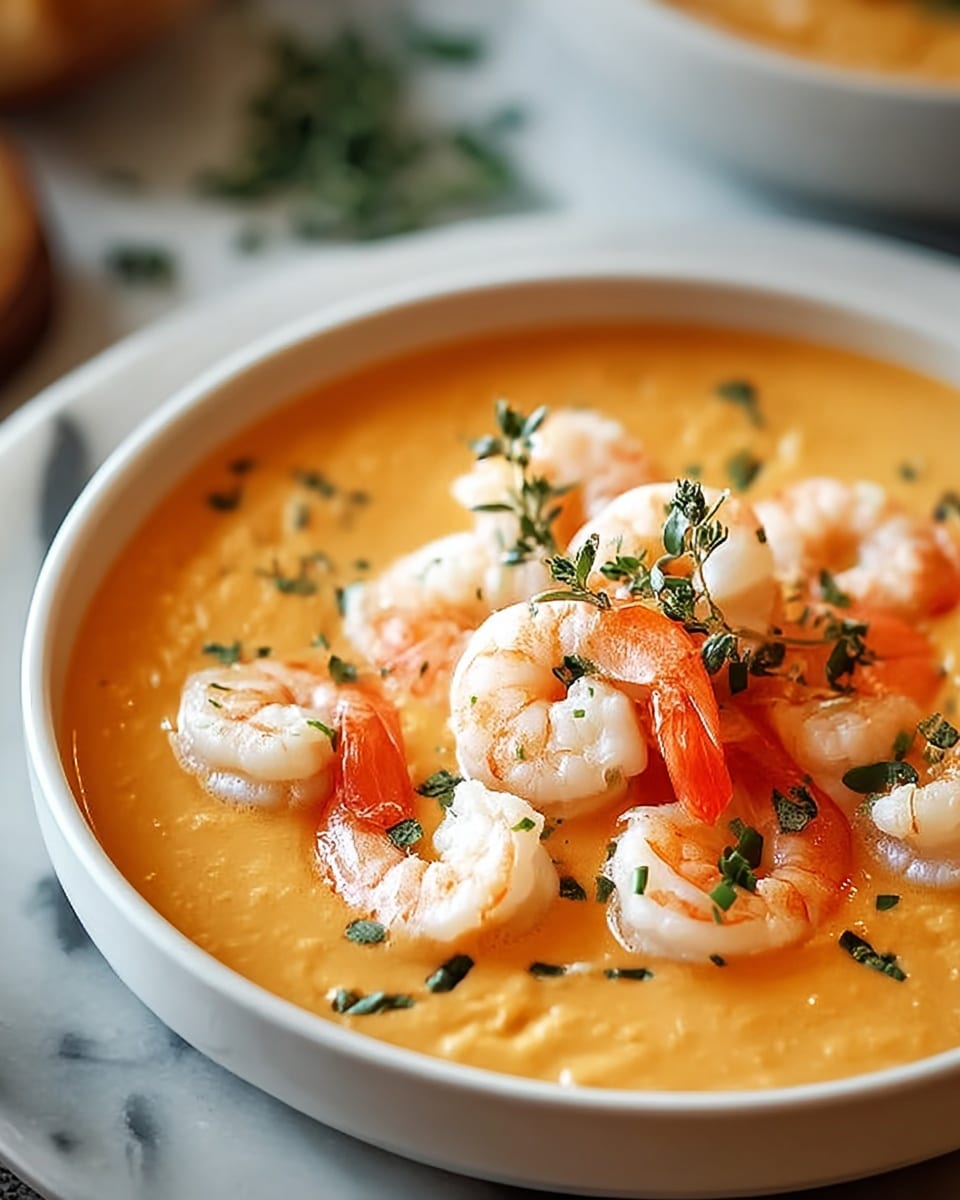 A white bowl filled with creamy orange soup that is smooth and thick in texture. On top, there are about a dozen shrimp, white with bright orange tails, arranged scattered across the surface. Small green herb pieces are sprinkled over the shrimp and soup, adding a fresh touch. The bowl sits on a white marbled surface, with a blurred background that includes parts of another white bowl and soft green shapes. Photo taken with an iphone --ar 4:5 --v 7