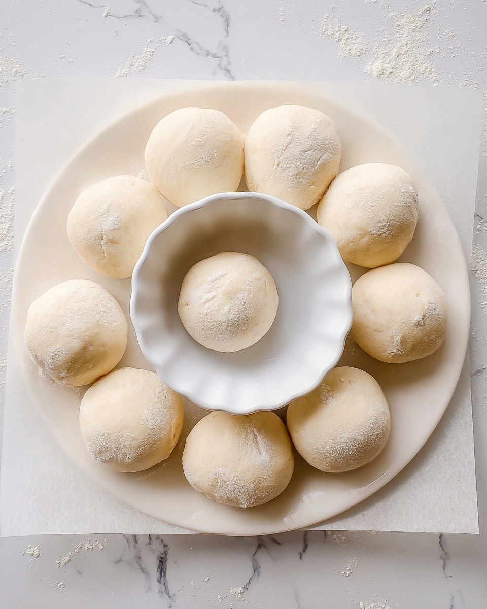 Several small, round dough balls with a pale, slightly floury surface are arranged in a loose circle around a white scalloped bowl placed in the center. The dough balls have soft, smooth textures with some slight indentations, and they rest on a sheet of parchment paper that lays on a white marbled surface. The white bowl is empty, clean, and shiny, contrasting gently with the off-white dough balls. photo taken with an iphone --ar 4:5 --v 7