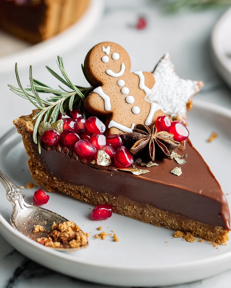 A slice of chocolate tart with a thick, smooth, dark brown chocolate layer sits on a white plate with a crumbly golden crust at the bottom and edges. On top, there are two gingerbread cookies, one shaped like a smiling person with white icing decoration and the other a star covered in white icing, placed slightly leaning on each other. Around the cookies, bright red pomegranate seeds add a shiny, juicy texture, and a brown star anise rests in the middle for decoration. Green rosemary sprigs stick out behind the cookies, and small pieces of shiny gold leaf are scattered over the top. The background shows a white marbled texture, and a metal utensil with chocolate and crust crumbs is visible to the left. Photo taken with an iphone --ar 4:5 --v 7