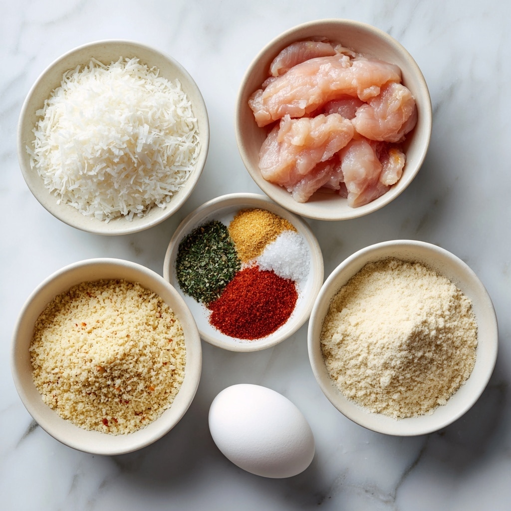 The image shows five white bowls on a white marbled surface, each bowl containing different ingredients. The top left bowl has white unsweetened shredded coconut, the bottom left bowl holds pink raw chicken tenders. The top right bowl is divided into four sections, each with a different spice: light yellow garlic powder, green dried parsley, reddish paprika, and white salt. To the right and slightly below, a bowl contains light beige almond flour with a grainy texture. Below the almond flour bowl, there is one white egg placed directly on the marble surface. photo taken with an iphone --ar 4:5 --v 7