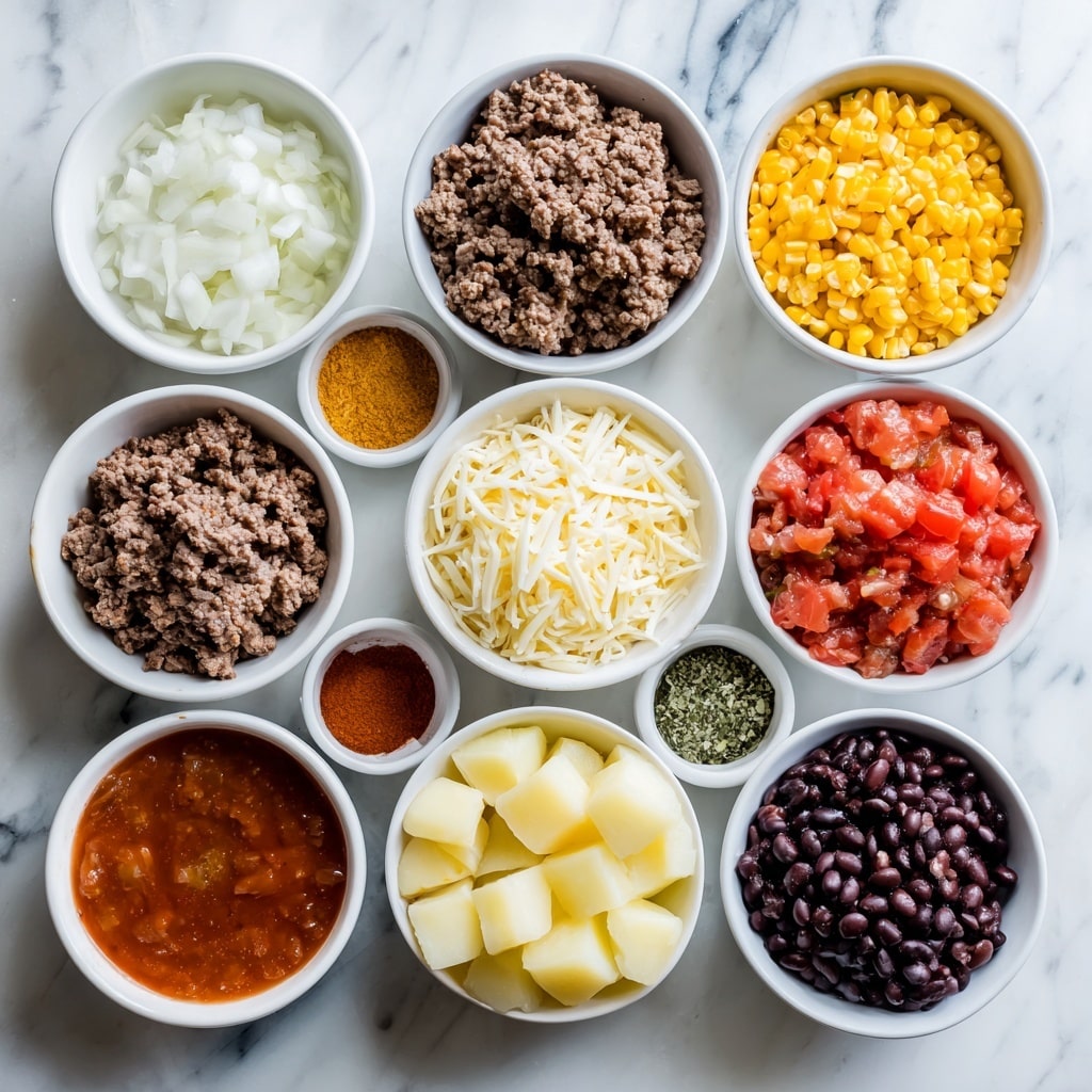 A gray bowl filled with creamy light yellow soup containing small chunks of bright yellow corn, red pieces of bacon, and green herbs mixed throughout; on top, there is a small sprig of green cilantro and a few black pepper specks, the bowl sits on a white marbled surface with some light yellow chips blurred in the background, photo taken with an iphone --ar 4:5 --v 7