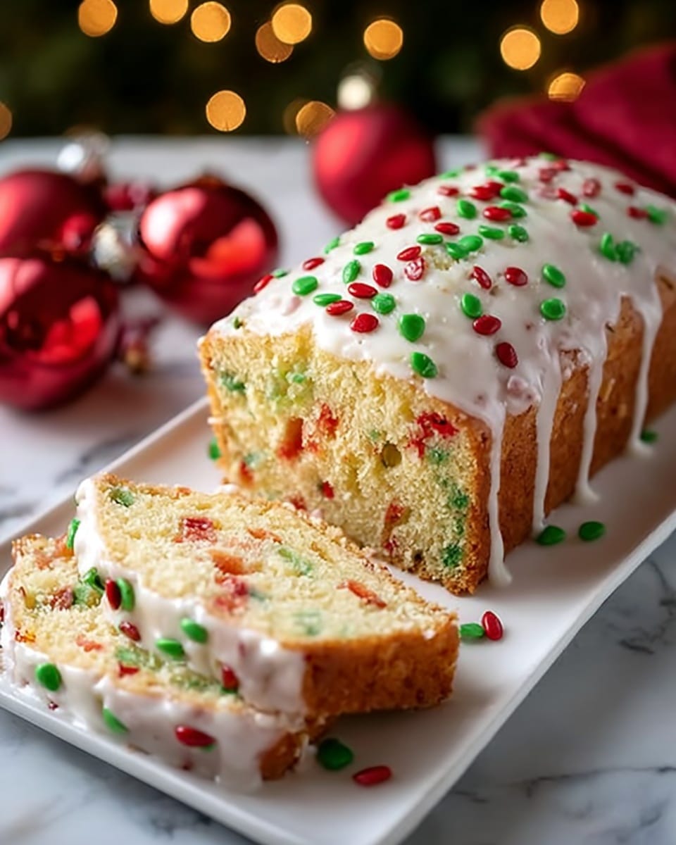 A loaf of cake sits on a white rectangular plate placed on a white marbled surface. The cake is light yellow inside with red and green bits spread evenly throughout. The top of the loaf is covered with white icing that drips slightly down the sides. Red and green round sprinkles are scattered on top of the icing. One slice is cut and laid flat in front of the loaf, showing the colorful bits inside and some icing on its top edge. The background has blurry warm lights and red Christmas ornaments, giving a festive mood. photo taken with an iphone --ar 4:5 --v 7