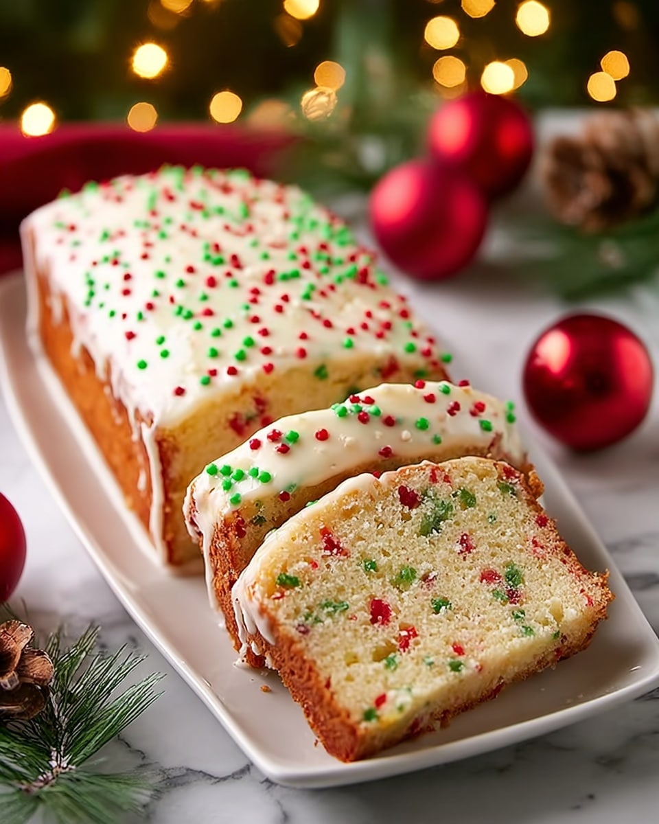 A loaf cake with a golden-brown crust and soft, light yellow inside sprinkled with small red and green bits throughout the cake. The top is covered with a smooth white icing that drips slightly down the sides and is decorated with small red, green, and white round sprinkles. One thick slice is cut and placed partially in front of the loaf on a white rectangular plate, which sits on a white marbled surface with holiday decorations blurred in the background, creating a warm festive feel. Photo taken with an iphone --ar 4:5 --v 7