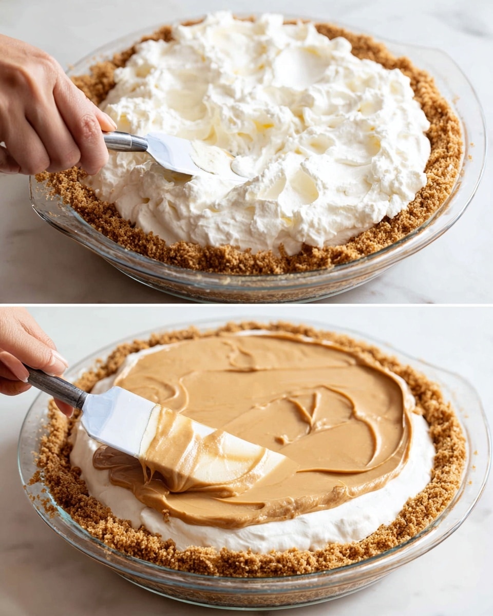 A two-step image showing a clear glass pie dish with a thick, crumbly golden brown crust at the base and sides. In the first step, a generous layer of white, fluffy cream filling is being spread evenly with a spatula held by a woman's hand. In the second step, a smooth, light brown caramel or peanut butter layer is being spread evenly on top of the white cream layer with a spatula held by a woman's hand. The whole scene is set against a white marbled surface. photo taken with an iphone --ar 4:5 --v 7