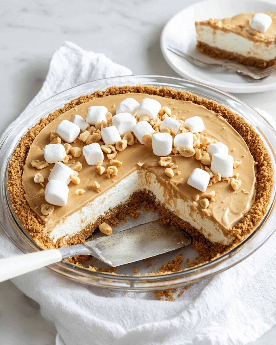 A round pie with a crumbly light brown crust lines the edge of a clear glass pie dish placed on a white marbled surface. Inside, the bottom layer is creamy white, topped by a smooth light brown layer spread evenly across the top. A slice is taken out, with a metal spatula having a white handle resting under that slice inside the dish. On top of the pie near the gap are small white marshmallows and some chopped peanuts scattered. In the background, a white plate holds a slice of the same pie with a silver fork beside it, all on a white cloth. Photo taken with an iphone --ar 4:5 --v 7