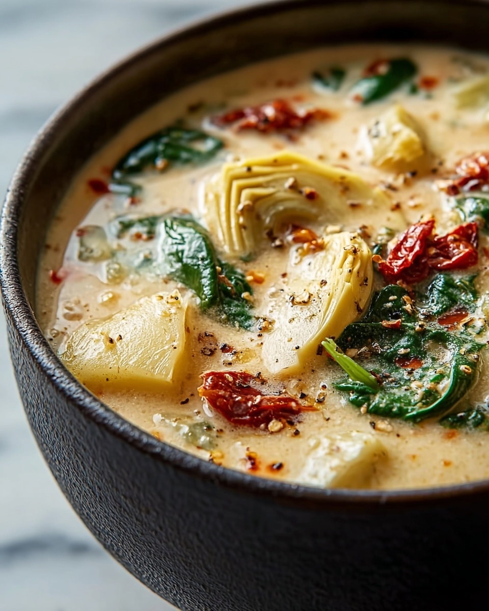 A close-up view of a creamy soup in a textured dark bowl filled with light beige broth, layered with chunks of light green artichoke hearts, deep green spinach leaves, and small pieces of dark red sun-dried tomatoes. The surface of the soup is speckled with ground black pepper and other fine seasonings, creating a visually rich texture. The bowl is set against a white marbled background, enhancing the colors and textures of the soup. photo taken with an iphone --ar 4:5 --v 7