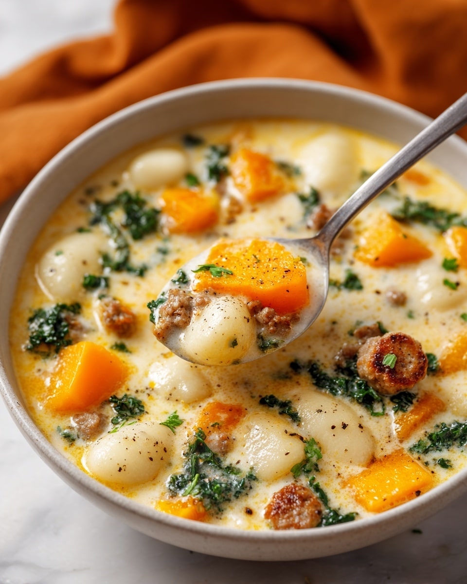 The image shows a white bowl filled with a creamy soup that has several layers. The bottom layer is a smooth, light yellow creamy broth. Floating on top are white gnocchi pieces, bright orange chunks of squash, small crumbles of cooked brown sausage, and dark green leafy kale. The dish is finished with a sprinkle of grated white cheese on top. The bowl is placed on an orange textured cloth, all set on a white marbled surface. Another similar bowl is visible in the background out of focus. Photo taken with an iphone --ar 4:5 --v 7