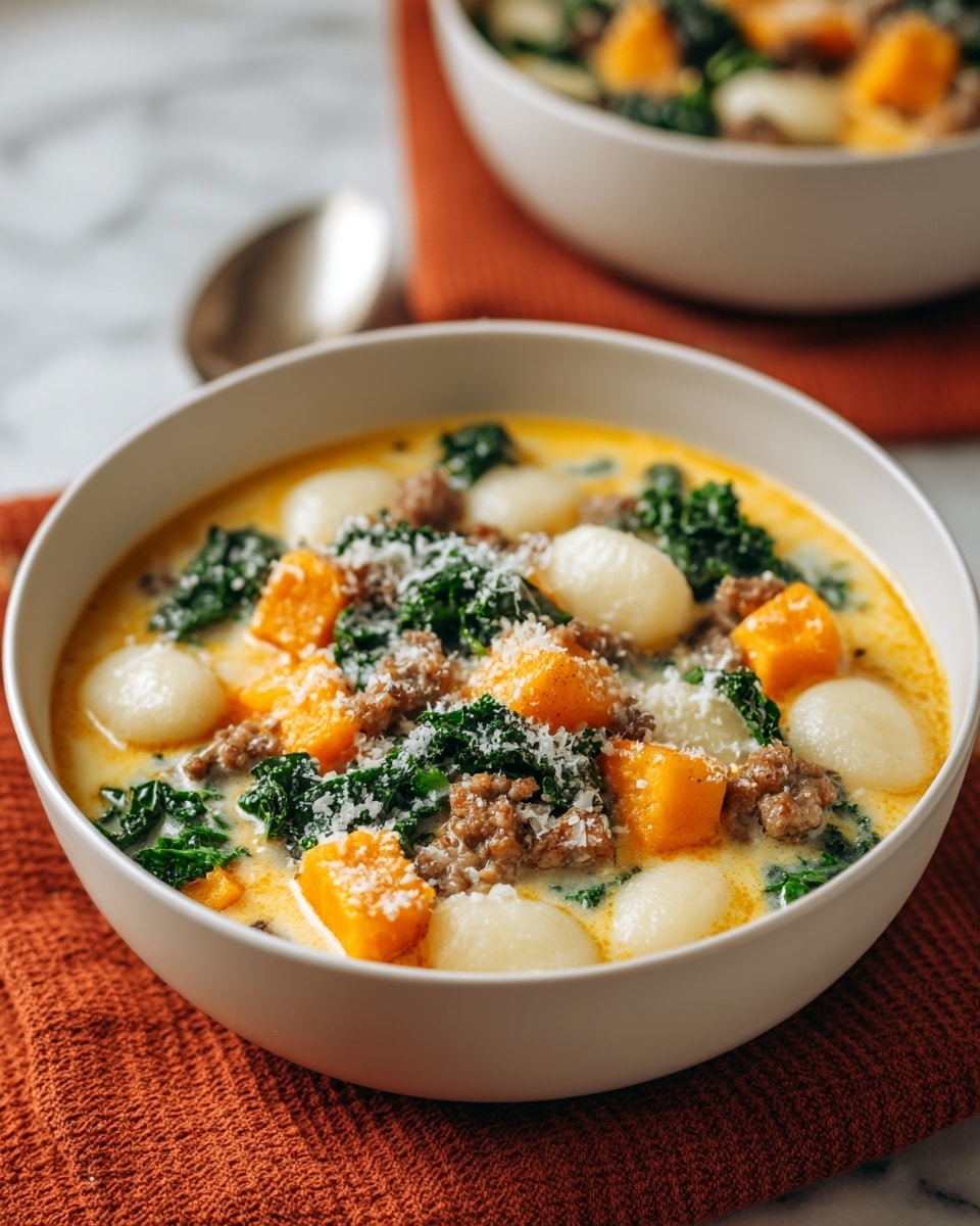 A white bowl filled with creamy soup holds several layers of ingredients: soft white gnocchi scattered throughout, bright orange cubes of butternut squash, small brown sausage pieces, and dark green kale bits, all mixed in a rich, thick, pale yellow broth with some pepper specks. A metal spoon lifts some soup near the bowl's edge, showing a close-up of one squash cube, a sausage piece with a crispy surface, some gnocchi, and bits of kale, all coated in the creamy broth. The bowl is set on a white marbled surface with an out-of-focus warm orange cloth in the background, creating a cozy feel. photo taken with an iphone --ar 4:5 --v 7