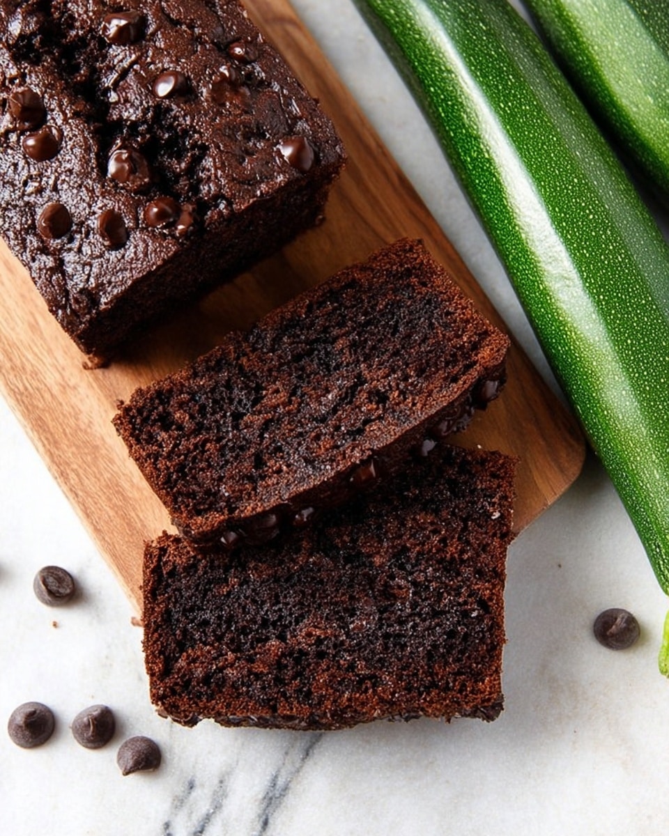 The image shows a dark chocolate zucchini bread sliced into two pieces, placed on a white marbled surface. The bread has a rich, deep brown color with a moist, slightly crumbly texture and visible small chocolate chunks melted inside. Above these slices is a whole chunk of the bread on a wooden board, topped with scattered shiny chocolate chips. Two fresh green zucchinis lie to the right side of the bread, adding a fresh contrast. There are also a few chocolate chips scattered around the bread. Photo taken with an iphone --ar 4:5 --v 7