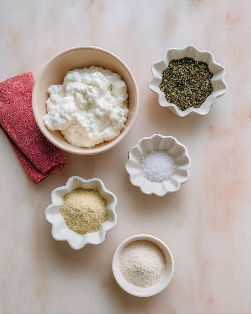 The image shows six small white bowls and dishes arranged on a white marbled surface. The largest bowl in the top left contains a white, lumpy mixture with a creamy texture. To the right of it are two scalloped white dishes holding dark green dried herbs. Below the large bowl is a white bowl filled with a light yellow powder. Next to it, a small flower-shaped white dish holds coarse white salt. Below the green herbs on the right is another small white dish with a light beige powder. A red cloth napkin is placed on the top left corner of the image. photo taken with an iphone --ar 4:5 --v 7