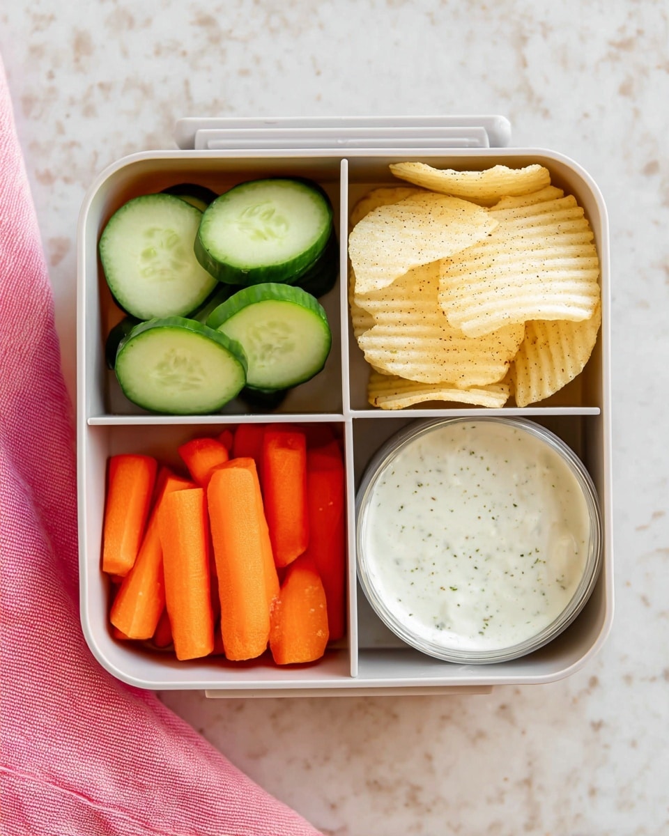 A square lunchbox with four sections is shown on a white marbled surface. The top left section holds fresh cucumber slices with dark green skin and light green inside, layered upright and leaning against each other. The top right section contains light golden ridged potato chips stacked evenly. The bottom left section is filled with bright orange baby carrots piled together. The bottom right section has a creamy white ranch dip with specks of herbs. A pink cloth is partially visible under the lunchbox at the bottom left. photo taken with an iphone --ar 4:5 --v 7