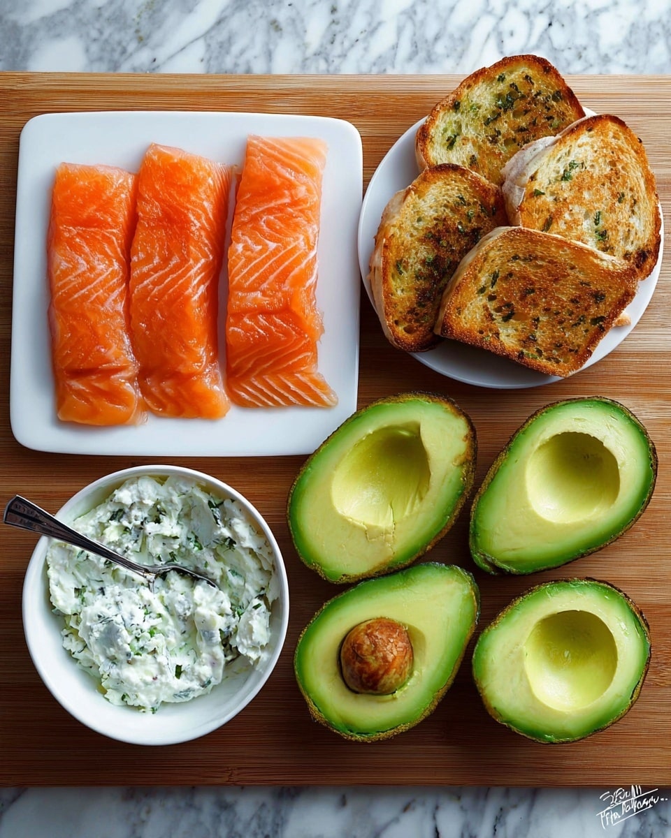 The image shows a wooden board with four main groups of items arranged neatly. At the top left, there is a white square plate with four thin slices of bright orange smoked salmon, showing a smooth and shiny texture with visible lines. To the top right, there is a round white plate holding four pieces of toasted bread, golden brown with darker spots and slightly crisp texture. Below, at the bottom left, a small white bowl contains a creamy white spread with green herbs, with a spoon resting inside it. At the bottom right, four halved avocados are placed side by side, each with a hollow center, showing bright green flesh with smooth texture and slightly darker outer edges. The surface underneath everything is a white marbled texture. photo taken with an iphone --ar 4:5 --v 7