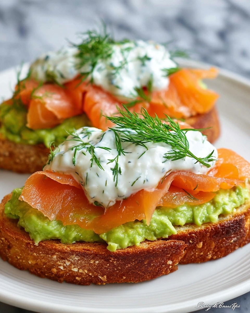 The image shows two pieces of toasted bread at the bottom with a golden brown, slightly crispy texture. On top of each toast, there is a thick layer of bright green mashed avocado spread evenly. Above the avocado, there is a smooth, thin layer of orange smoked salmon placed in delicate folds. On top of the salmon, there is a dollop of white creamy sauce with visible herbs mixed through it, giving it a speckled green and white look. Each dollop is garnished with fresh green dill sprigs. The toasts are served on a white plate with a white marbled surface in the background. photo taken with an iphone --ar 4:5 --v 7