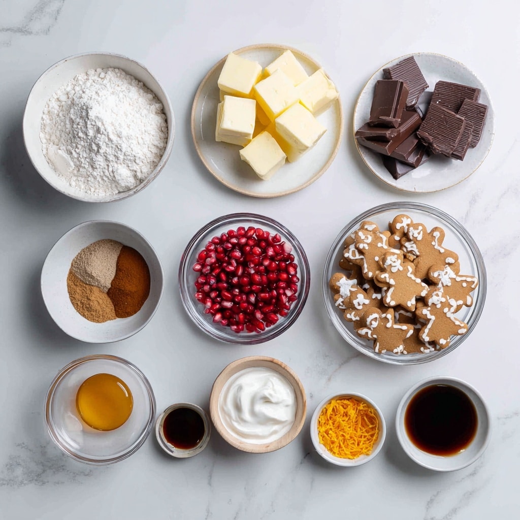 The image shows various ingredients neatly arranged on a white marbled surface. At the top left, there is a white bowl filled with white flour, and to its right, a clear white plate holds pieces of dark chocolate in a stack. Below the flour, a white bowl contains chunks of vegan butter, next to a small white bowl with a brown spice mix labeled gingerbread spices. To the right of the spices, another clear white bowl is filled with gingerbread cookies shaped like stars and people. In the middle, a small white bowl holds bright red pomegranate seeds. Below these, a medium clear glass bowl contains smooth white coconut cream. Next to it, two small clear white bowls hold dark molasses and amber maple syrup. Finally, two tiny bowls below the spices contain orange zest in a clear white bowl and salt in a light wooden bowl. The setup is orderly with a clean, bright look. photo taken with an iphone --ar 4:5 --v 7