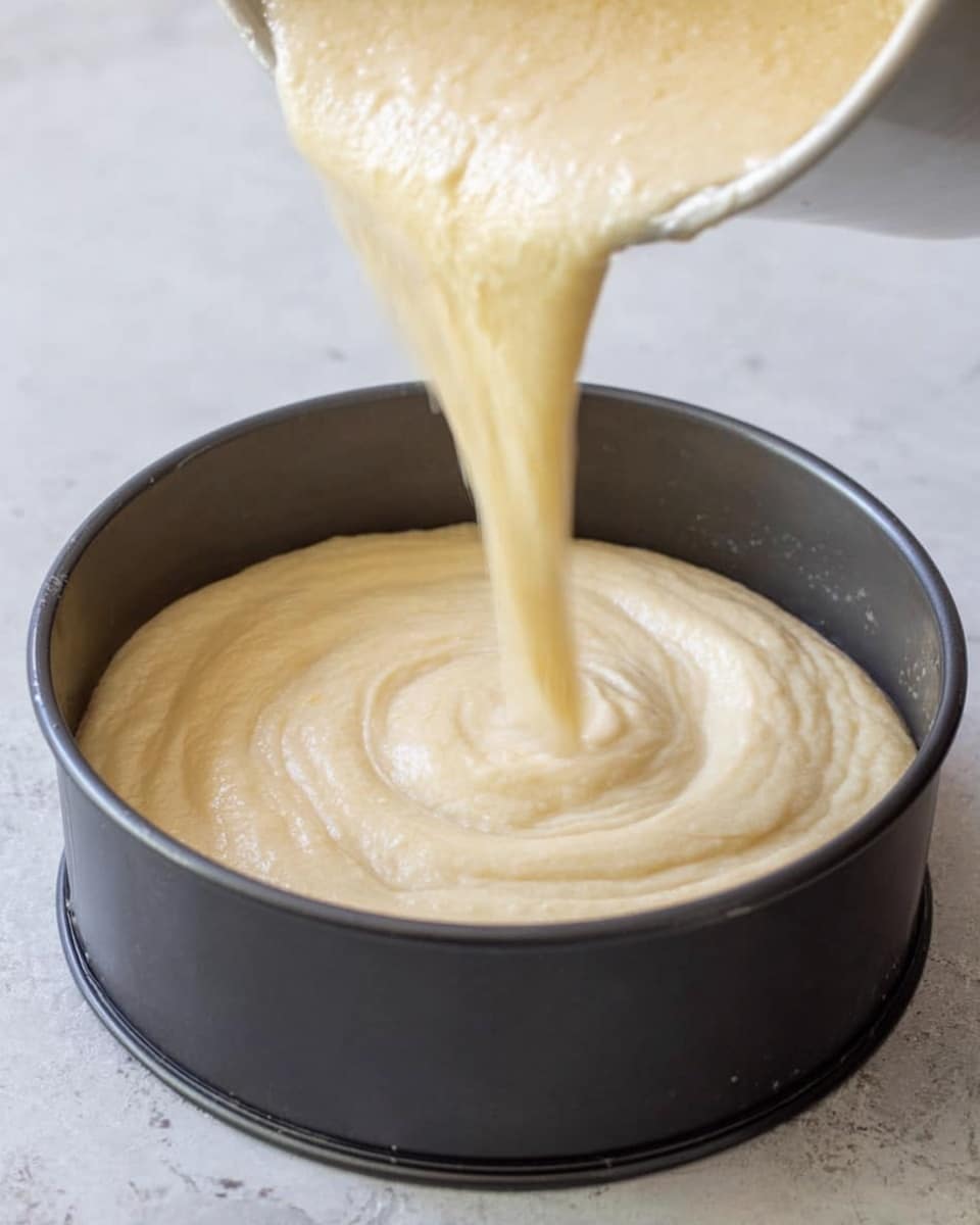 A close-up image shows a pale yellow batter being poured from a bowl into a round black cake pan, filling it evenly with a smooth, creamy texture that swirls gently from the pouring motion. The pan rests on a white marbled surface, and the batter layer fills about half of the pan's height, creating a soft, thick base layer. The background is simple and neutral, keeping the focus on the batter and pan. Photo taken with an iphone --ar 4:5 --v 7