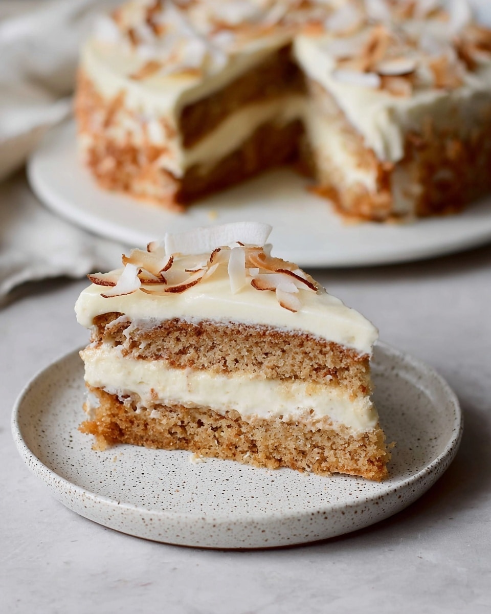 The image shows a slice of layered cake placed on a small speckled plate. The cake has three visible layers: the bottom and middle layers are light brown with a crumbly texture, and the middle layer is separated by a creamy white filling that looks smooth and thick. The top layer is covered with a white frosting, decorated with thin white coconut flakes with brown edges arranged on top. In the background, the rest of the cake is on a white plate, showing the same three layers and topping, placed on a white marbled surface. Photo taken with an iphone --ar 4:5 --v 7