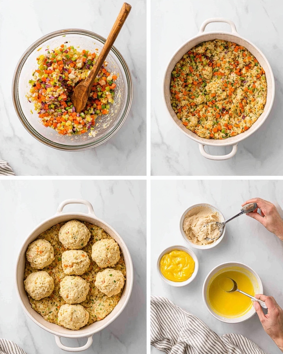 A set of six images shows the process of making a baked vegetable and biscuit dish on a white marbled surface. The first image features a clear glass bowl with a mix of diced vegetables in orange, green, and purple colors, stirred with a wooden spoon. The second image displays the same vegetable mixture transferred into a round white dish with handles, filling it evenly. In the third image, a separate clear glass bowl holds a light beige batter or dough, also stirred with a wooden spoon. The fourth image shows the white dish filled with the vegetable mix from before, topped with eight evenly spaced, round spoonfuls of the beige batter arranged as biscuit layers. The fifth image features a small white bowl filled with yellow beaten egg mixture, with a metal spoon resting inside. The last image depicts a woman’s hand brushing the baked biscuit topping, now golden brown and textured, over the vegetable base in the white dish, accompanied by a striped cloth towel nearby. Photo taken with an iphone --ar 4:5 --v 7