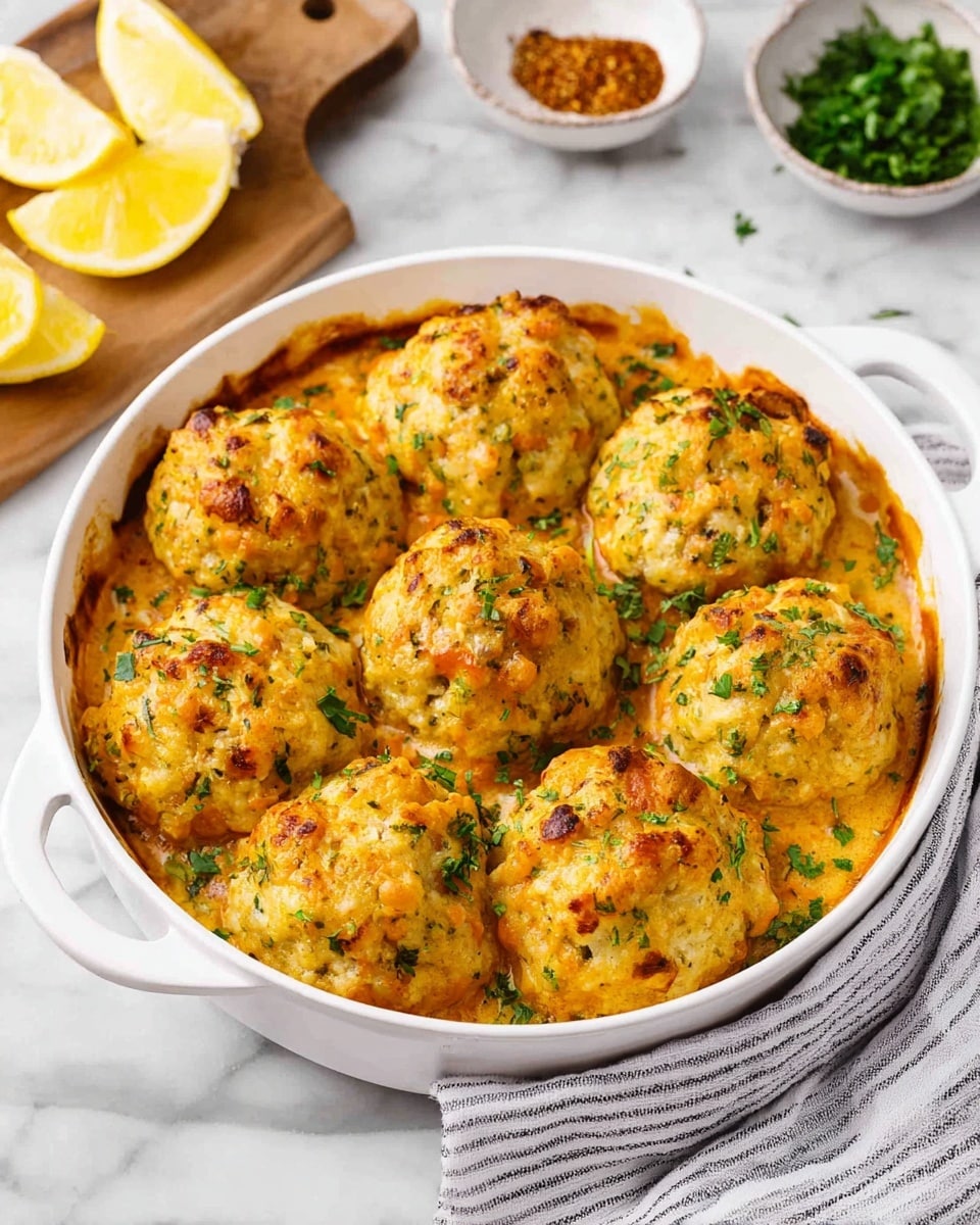 A white round baking dish holds ten golden brown dumplings arranged closely on top. The dumplings are soft and slightly uneven in shape, with a textured surface showing hints of herbs and small spice bits. Green chopped herbs are lightly sprinkled on top for color contrast. The dumplings sit on a creamy tomato base sauce visible in small gaps between them. The dish rests on a white marbled surface, accompanied by lemon wedges on a cutting board in the background, a spice bowl, and another bowl with fresh herbs nearby. A striped kitchen towel is folded beside the dish. Photo taken with an iphone --ar 4:5 --v 7