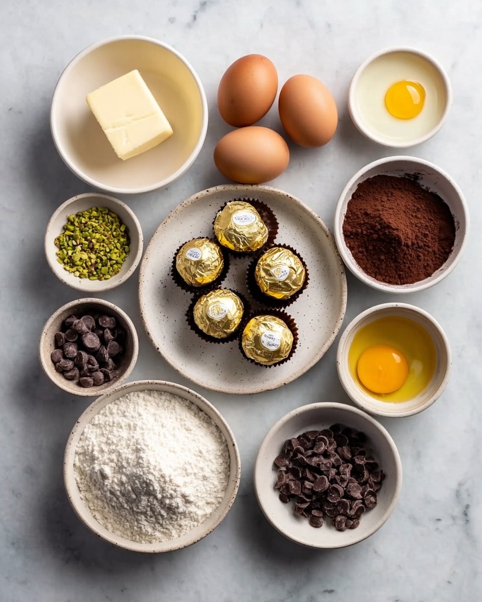 The image shows nine small white bowls and plates arranged on a white marbled surface with various baking ingredients. There is one white bowl with a neat block of pale yellow butter, two brown whole eggs placed next to it, and a larger white bowl filled with dark brown cocoa powder. A white bowl contains finely chopped green pistachios, and a white plate holds seven round chocolates wrapped in gold foil in the center. One white bowl has soft white flour, another has two raw yellow egg yolks in clear liquid, a small white bowl contains a golden liquid, and two more bowls hold dark brown grated chocolate and dark chocolate chips. photo taken with an iphone --ar 4:5 --v 7