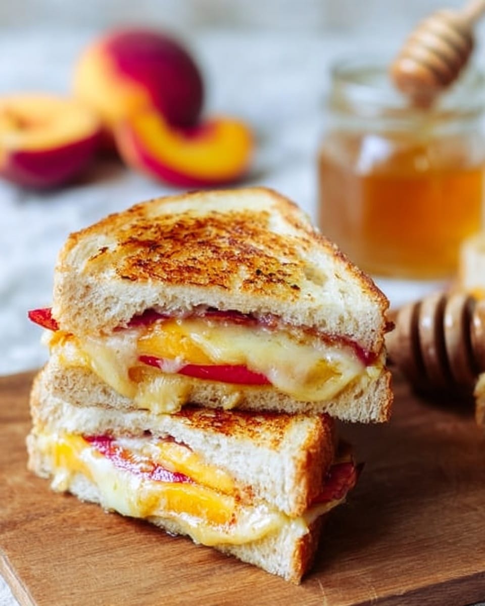 Two toasted sandwich halves are stacked on a wooden board with a white marbled texture in the background. Each sandwich has three visible layers of melted light yellow cheese, thin red slices of meat, and bright orange peach slices between lightly browned white bread. In the background, a clear jar with golden honey and a wooden honey dipper rests near the top right corner. A few fresh peach slices with red and yellow skin are scattered at the top left. The sandwiches look warm and juicy, with melted cheese oozing slightly near the edges. Photo taken with an iphone --ar 4:5 --v 7