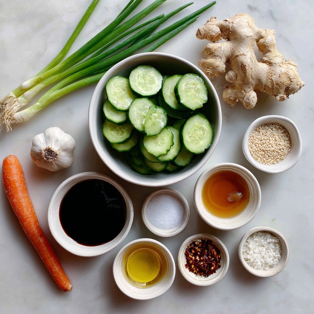 The image shows several fresh ingredients arranged neatly on a white marbled surface. At the center is a white bowl filled with thin round slices of green cucumber. Around it, there is a whole orange carrot to the bottom left, a bunch of long green onions at the top left, and a piece of beige ginger root at the top right. Small white bowls hold different condiments: one with dark soy sauce below the cucumbers, one with light golden honey below the soy sauce, one with a light yellowish seasoning rice vinegar on the bottom right, one with small white sesame seeds to the right of the cucumbers, a bowl of golden brown sesame oil near the ginger, a bowl of white flaky salt above the soy sauce, and a smaller bowl with red pepper flakes above the honey. A single clove of white garlic is also visible near the vinegar bowl. Each item is clearly labeled with simple black text. Photo taken with an iphone --ar 4:5 --v 7