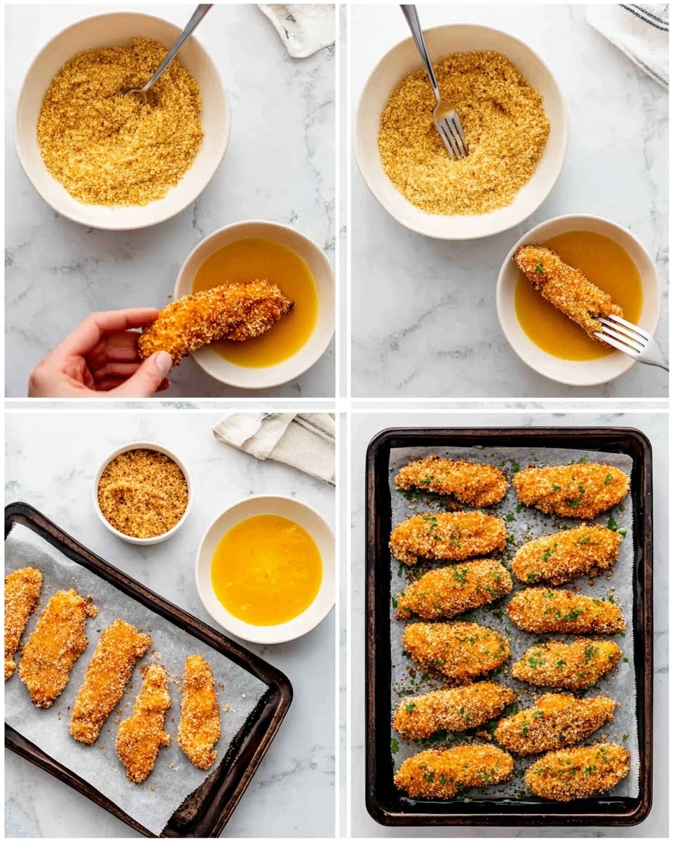 The image shows five photos arranged in a grid on a white marbled surface. The first photo features a white bowl filled with golden brown crumbs and next to it a smaller white bowl with an orange beaten egg mixture. The second photo shows a woman's hand using a fork to dip a raw chicken strip in the orange egg mixture inside the small white bowl. The third photo shows a white bowl with a chicken strip fully coated in the golden crumbs, with a white fork resting inside the bowl. The fourth photo shows a black baking tray lined with parchment paper, filled with eleven uncooked chicken strips coated in crunchy crumbs, spaced evenly. The fifth photo shows the same black baking tray after cooking, with the eleven chicken strips now golden-brown and garnished with green herbs. photo taken with an iphone --ar 4:5 --v 7