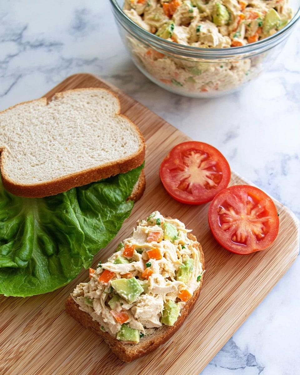 A sandwich on a wooden board with two slices of light brown bread; one slice topped with a colorful chicken salad mix of white shredded chicken, orange carrot pieces, and green avocado chunks, layered unevenly covering the bread. Next to the sandwich is a fresh green romaine lettuce leaf and two halved bright red tomatoes showing their juicy interiors. Behind the board is a clear glass bowl filled with more of the chicken salad mixture. The background shows a white marbled surface. photo taken with an iphone --ar 4:5 --v 7
