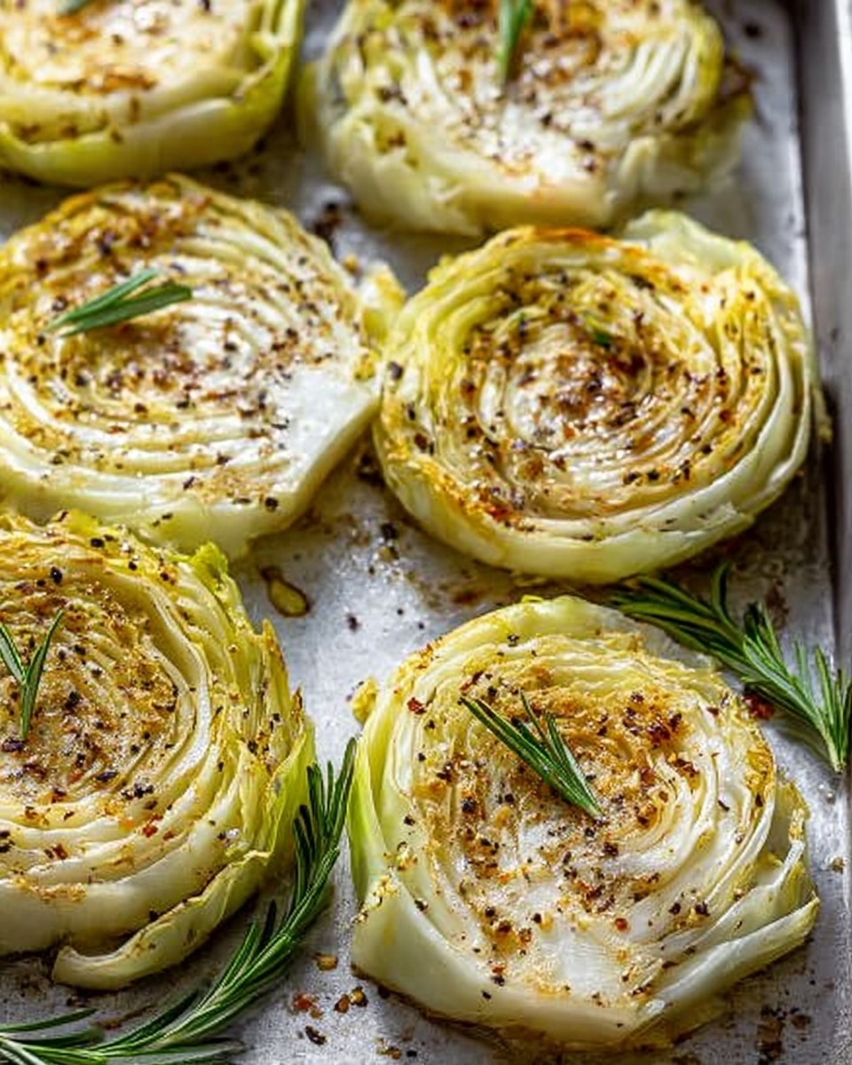 A close-up view of several round slices of roasted cabbage, each slice showing many layers in pale green and white with a slightly browned, crispy edge. The top surface has a sprinkling of black pepper and small bits of seasoning, with a small sprig of fresh rosemary resting on each slice. The slices lay side by side on a metal baking tray, which has a few more small rosemary sprigs scattered around. The background is a white marbled texture. Photo taken with an iphone --ar 4:5 --v 7