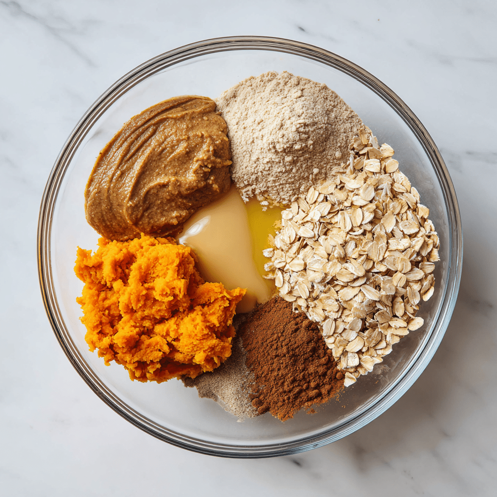 A clear glass bowl sits on a white marbled surface, filled with six distinct ingredients placed side by side in separate small piles. On the left, there is a thick, smooth layer of brown almond butter next to a bright orange mashed pumpkin. In the middle, light beige protein powder forms a soft mound, with a small pool of golden vanilla extract and a small heap of dark brown cinnamon powder close by. On the right side, a textured pile of light tan oats completes the arrangement, each ingredient clearly visible and untouched. photo taken with an iphone --ar 4:5 --v 7