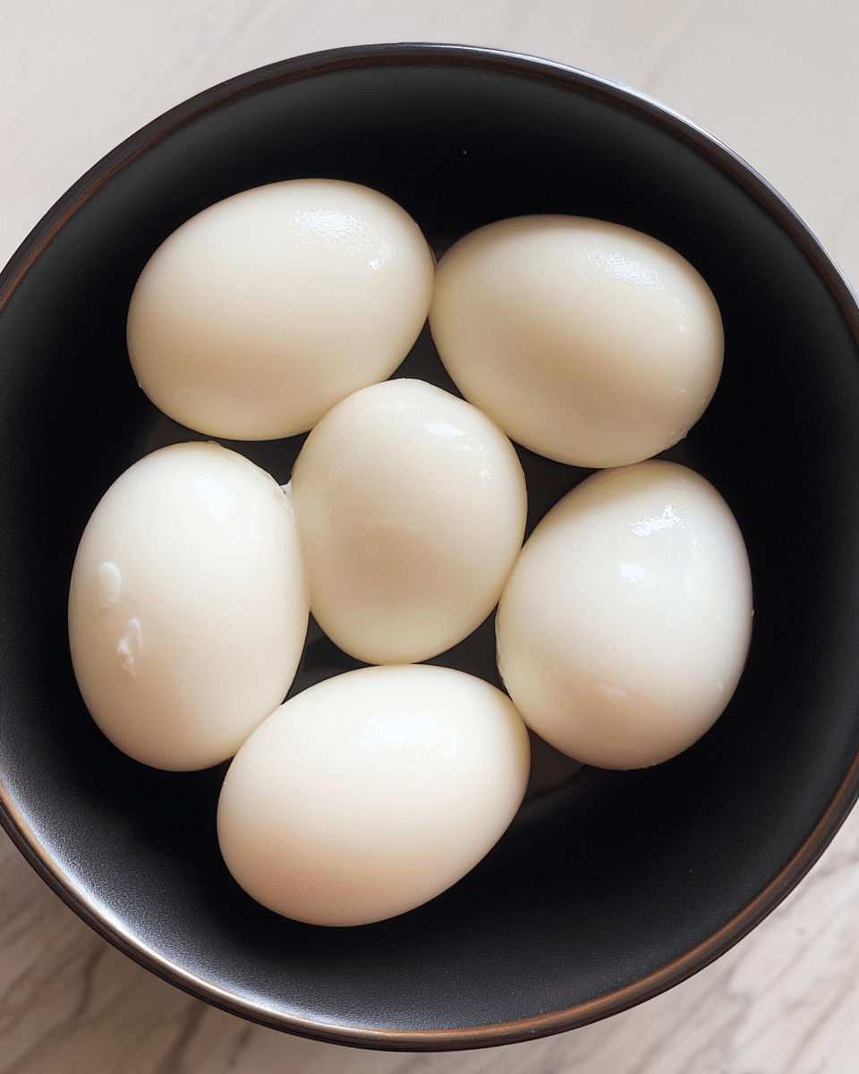 A black bowl holds six peeled boiled eggs arranged closely together, each egg smooth with a shiny white surface and slight variations in shape and texture. The bowl is on a white marbled textured surface that softly contrasts with the eggs. The eggs fill the bowl evenly without overlapping too much, showing their round shapes clearly. photo taken with an iphone --ar 4:5 --v 7