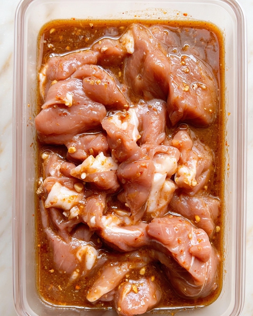 A white plate filled with a bed of soft white rice as the bottom layer, topped with several pieces of grilled orange-brown chicken that have some darker char marks. The chicken pieces are stacked loosely in the center. There are small green cilantro leaves and thin slices of green onion scattered on top of the chicken and on the rice around the edges. The scene is set on a white marbled surface. photo taken with an iphone --ar 4:5 --v 7