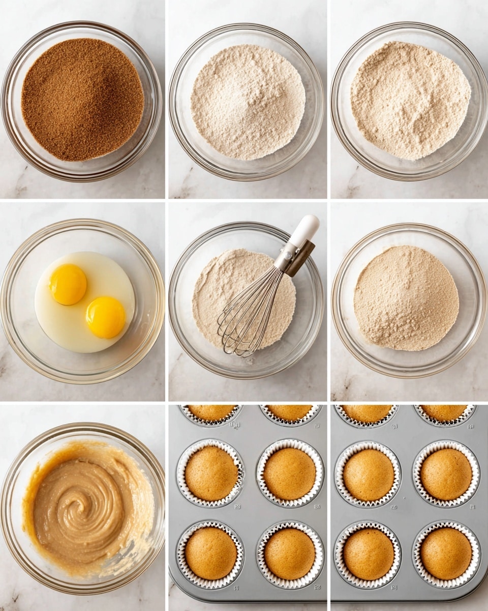 The image shows the step-by-step process of making muffins in eight stages, all in clear glass bowls or white paper liners in a muffin tray on a white marbled surface. The first layer is a bowl filled with brown dry powder, the second has a bowl with light beige dry flour mixed using a whisk. The third shows a bowl with two yellow eggs, vanilla, and white ingredients. The fourth and fifth bowls sequentially add and mix more dry flour and wet ingredients, changing the mixture from thick and lumpy beige to smooth and light brown batter in the sixth image. The seventh image shows a muffin tray with twelve white paper liners filled with the raw batter. The eighth image shows the muffin tray with golden-brown baked muffins, smooth and round on top. Photo taken with an iphone --ar 4:5 --v 7
