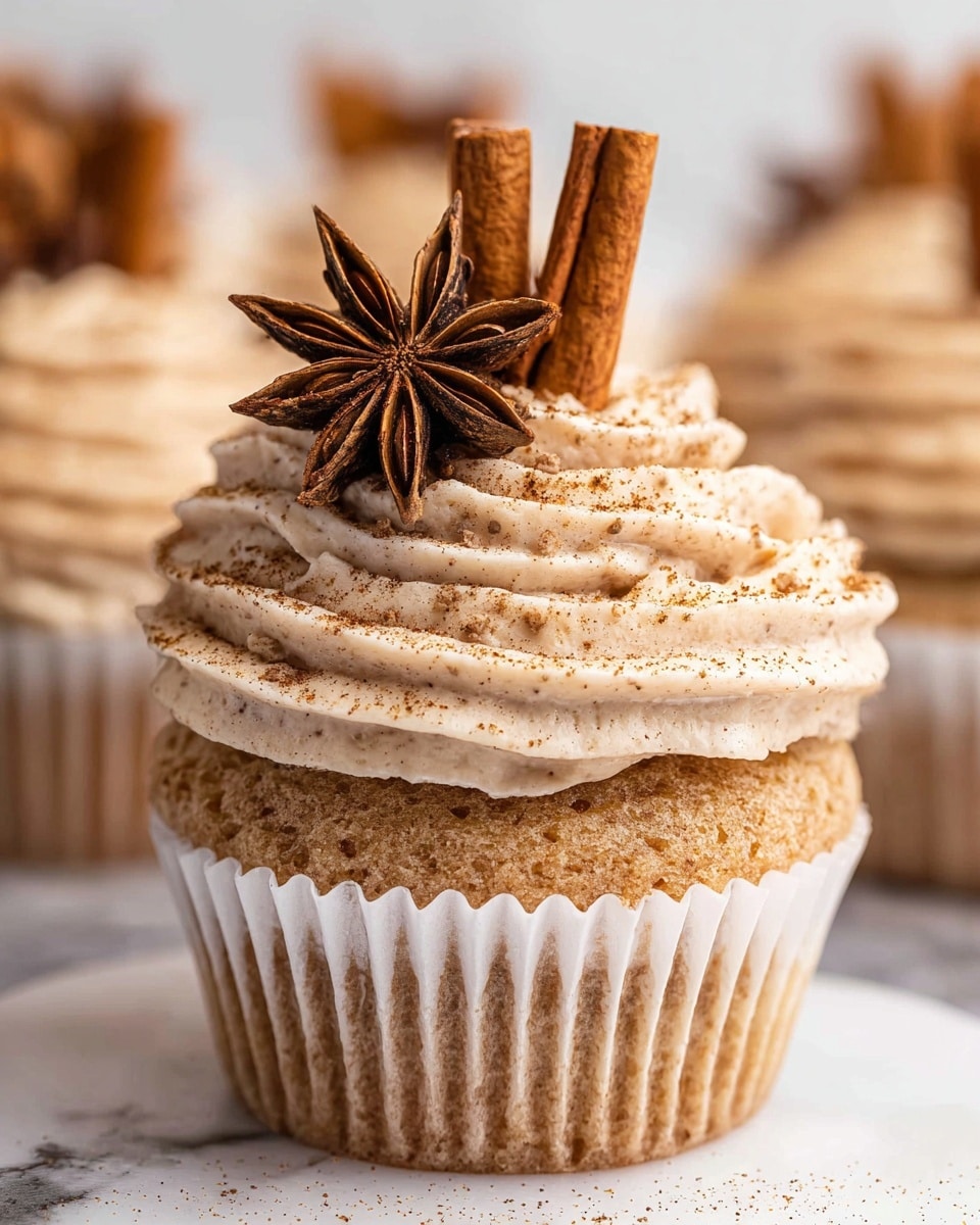 The image shows a close-up of a cupcake with two layers. The bottom layer is a light brown cupcake with a soft texture inside a white paper liner, and the top layer is a swirl of creamy beige frosting sprinkled lightly with brown spice powder. On top of the frosting sits a star anise and two vertical cinnamon sticks, adding dark brown color and a textured, natural look. The background is softly blurred to keep the focus on the cupcake, all placed on a white marbled surface. photo taken with an iphone --ar 4:5 --v 7