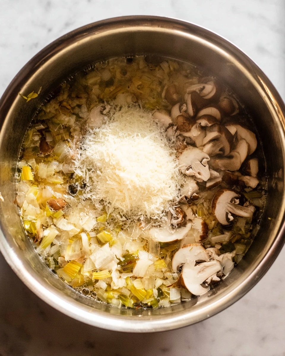 A large silver pot is shown from above, filled with a mix of cooking ingredients. At the bottom, there are small pieces of yellow and white chopped vegetables, likely onions and leeks. Above this, there are sliced mushrooms spread evenly around the pot. In the center, there is a mound of finely grated white cheese slowly melting into the hot mixture. The ingredients are cooking in a light broth, visible by small bubbles and steam rising from the pot. The background is a white marbled texture photo taken with an iphone --ar 4:5 --v 7