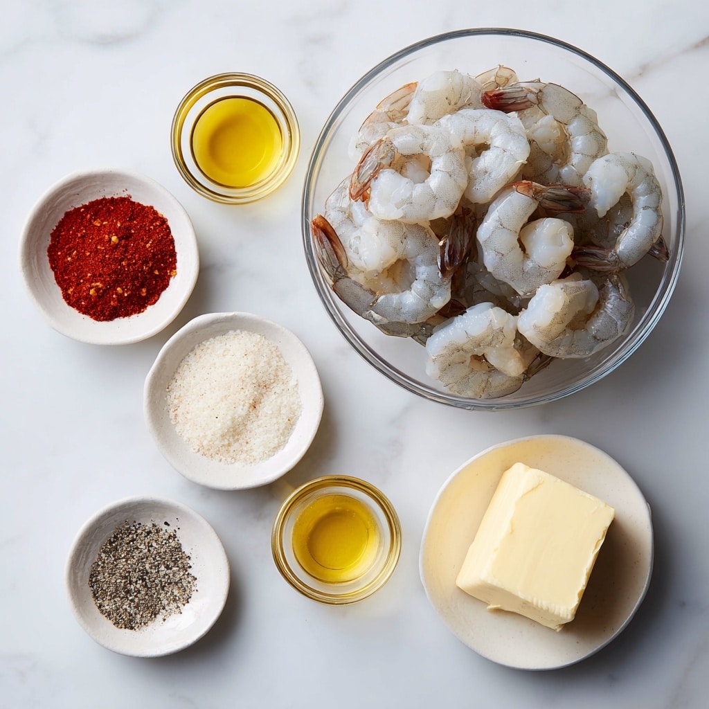 A clear glass bowl in the center holds about a dozen raw shrimp, pale gray and slightly translucent with tails attached. Below the bowl, five small white dishes are neatly arranged on a white marbled surface. From left to right, the first contains a mix of bright red sweet paprika powder and off-white garlic powder. Next to it is a dish with coarse salt and black pepper, divided in half. Above these is a small bowl filled with golden yellow olive oil. To the right of the oil, another small bowl holds a block of pale yellow unsalted butter. Each ingredient is labeled with black text on white tags floating above or beside them. Photo taken with an iphone --ar 4:5 --v 7