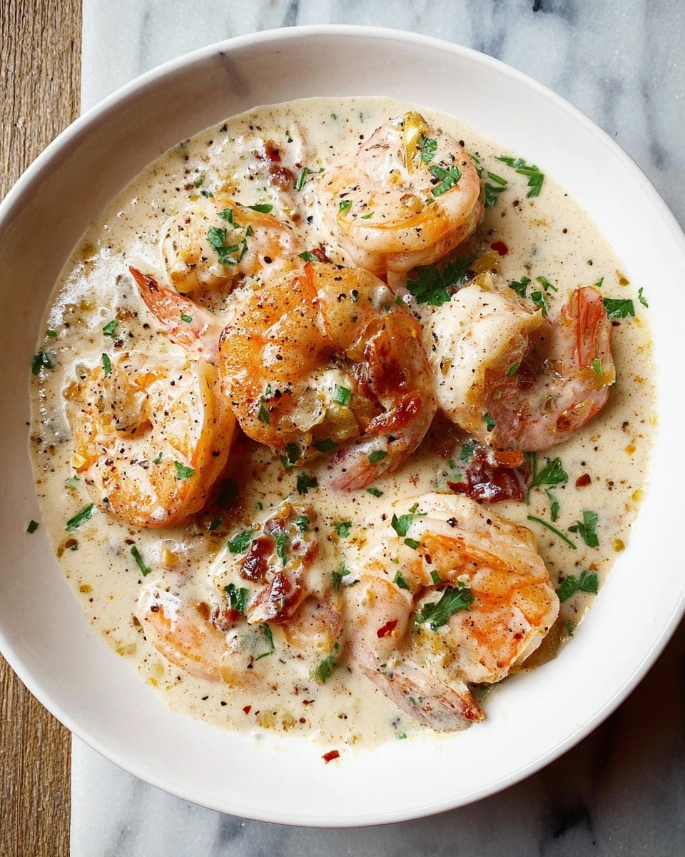 A white bowl holds seven large shrimp coated in a creamy sauce with a light beige color and some specks of black pepper and red chili flakes. The shrimp are orange-pink with a slight char, scattered evenly, some partially covered in sauce and garnished with green parsley leaves. The sauce has a smooth, rich texture with small bits of herbs. The bowl is placed on a white marbled surface. photo taken with an iphone --ar 4:5 --v 7