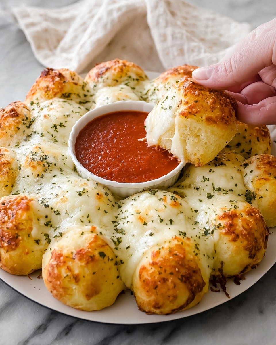 A round white plate holds a ring of soft, golden-brown bread balls, each topped with melted white cheese sprinkled with green herbs. Inside the ring's center is a small white bowl filled with bright red marinara sauce. A woman's hand is picking up one of the bread balls, showing the warm, fluffy texture. The plate is placed on a white marbled surface with a light-colored cloth in the background. photo taken with an iphone --ar 4:5 --v 7