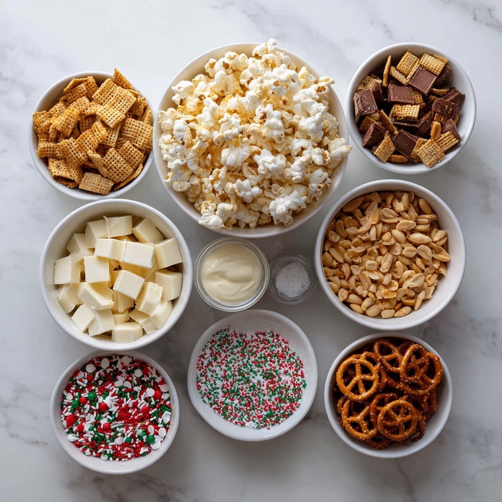The dish is a mix of several ingredients piled high in a large white bowl. The base layer is light-colored square cereal pieces with a textured surface, mixed evenly with small white popcorn clusters. Throughout, there are many brown pretzels with a smooth, twisted shape that stand out on top. Scattered around are round red and green candy pieces, adding bright pops of color. Some small white sugar pieces are spread in and around the ingredients, giving a speckled look. The whole mix appears coated lightly in a creamy white substance that glistens slightly, making the texture look both crunchy and smooth. The bowl is set on a white marbled surface with soft natural light enhancing the details. Photo taken with an iphone --ar 4:5 --v 7