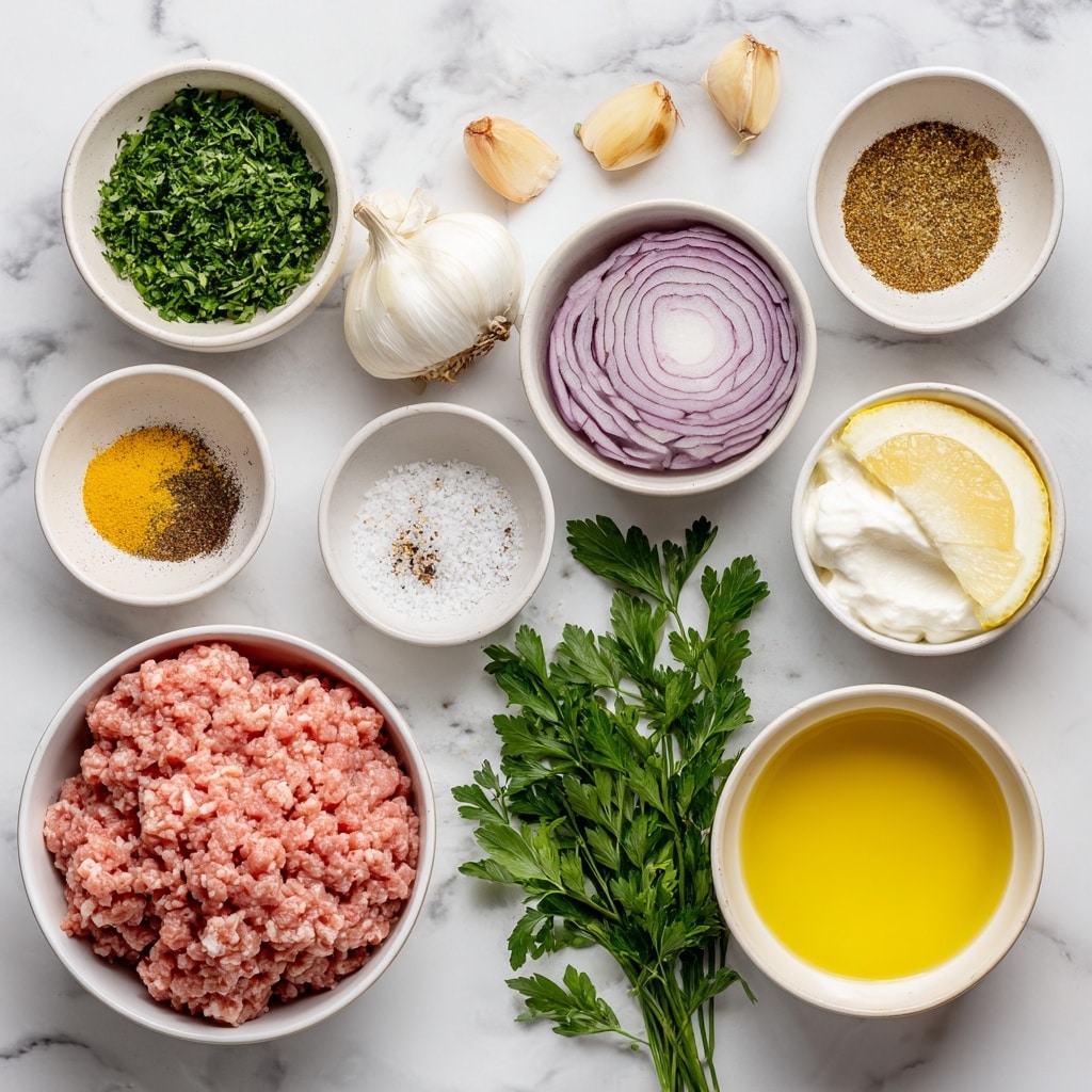 Four grilled meat skewers with a light brown, slightly charred outer layer showing specks of green herbs are placed horizontally on a round white plate with a speckled design. A white sauce with visible herbs is drizzled over the top of the skewers and pools slightly on the plate beneath them. Fresh green parsley leaves are scattered over the meat and sauce. The plate is set on a white marbled surface. photo taken with an iphone --ar 4:5 --v 7
