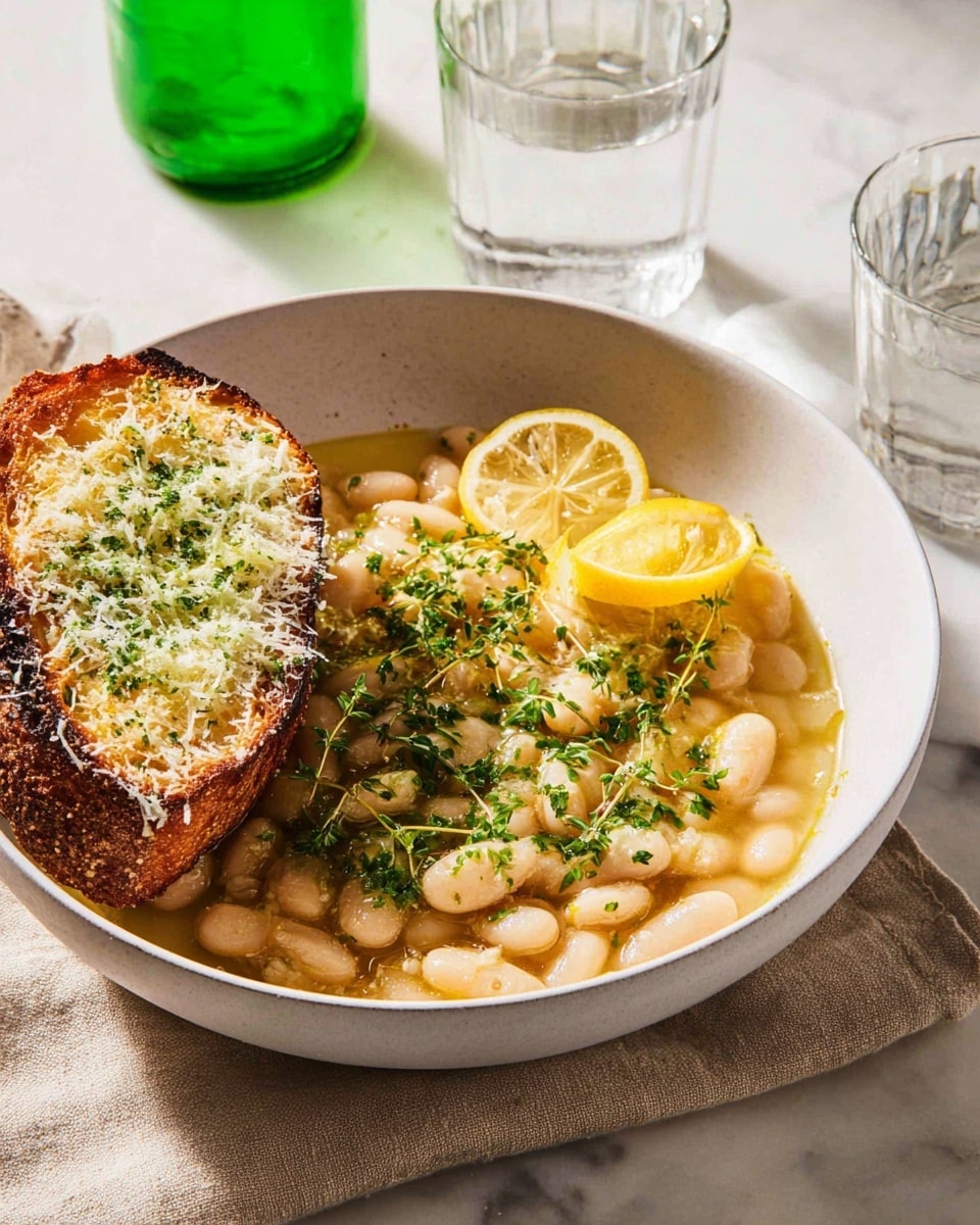 A white bowl filled with creamy white beans in a light yellow broth, topped with two slices of bright yellow lemon and a few sprigs of green herbs scattered on top. A piece of toasted bread with a golden brown, crispy texture rests on the left side inside the bowl. The bowl sits on a beige cloth on a white marbled surface, with two clear glasses of water nearby, one partially visible above and the other on the right. Soft natural light casts gentle shadows, enhancing the fresh, warm look of the dish photo taken with an iphone --ar 4:5 --v 7