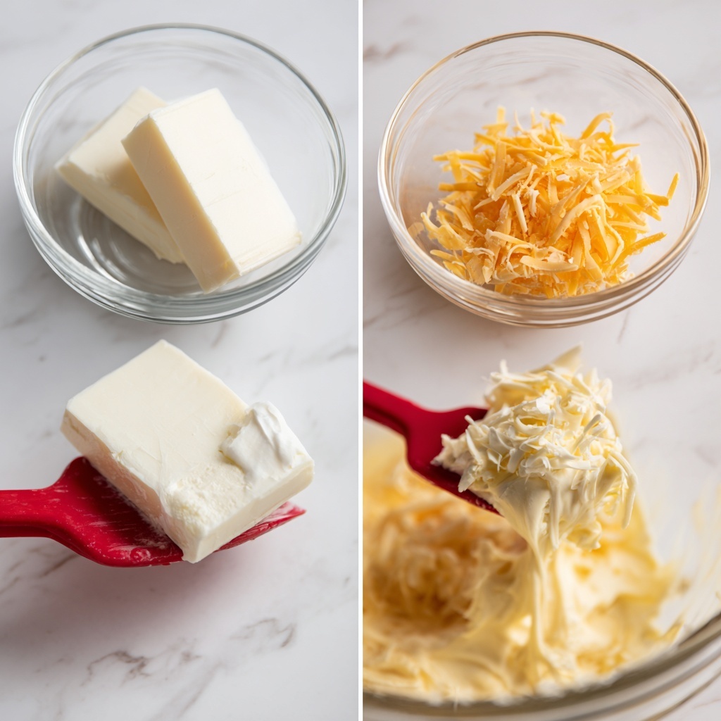The image shows a clear glass bowl with two thick white blocks and a small dollop of white cream on a white marbled surface. Next to it, the same bowl now contains a mixture of shredded orange cheese, the white blocks, cream, and some white powder on the white marbled surface. The final frame shows a close-up of a red silicone spatula lifting a creamy, mixed blend of the ingredients from the bowl on the white marbled surface. photo taken with an iphone --ar 4:5 --v 7