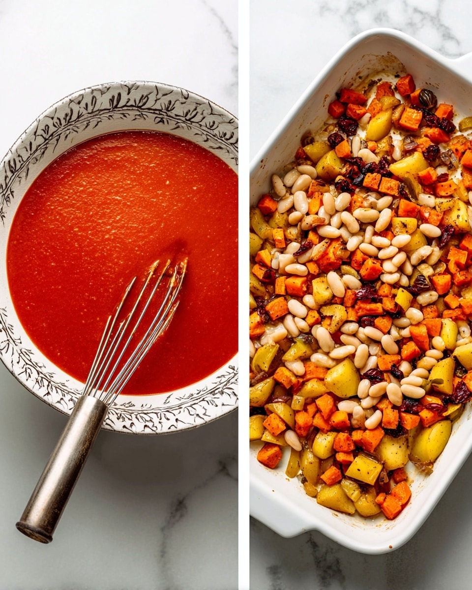 The image shows two dishes side by side on a white marbled surface. On the left is a white bowl with a decorative rim filled with a smooth red sauce, and a metal whisk resting inside it. On the right is a white baking dish filled with a roasted mix of small white beans and colorful root vegetables like carrots and potatoes, all showing a mix of orange, yellow, and brown colors with a slightly crispy texture. photo taken with an iphone --ar 4:5 --v 7