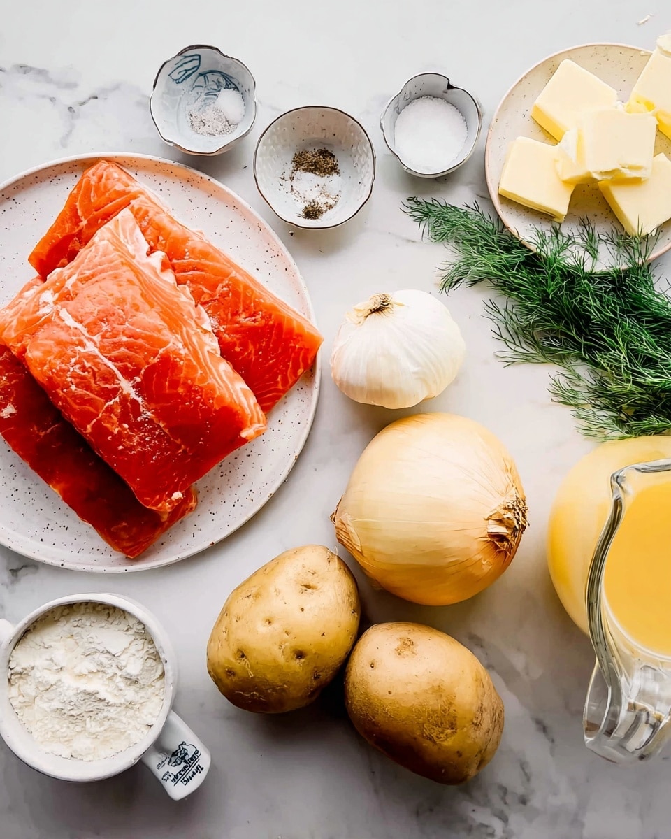 The image shows several fresh ingredients arranged on a white marbled surface. On the left, three bright orange salmon fillets are stacked on a white plate with subtle speckles. Near them are two containers, one with salt and the other with pepper. Below the salmon, there is a small white measuring cup filled with white flour and a whole bulb of garlic. Moving to the right, a large pale yellow onion sits next to three light brown potatoes. Above, two pieces of yellow butter rest on a small white plate, and a few fresh green dill sprigs add color near the top right. On the far right, there is a clear glass pitcher filled with a yellowish liquid and a small glass container of cream or milk. Photo taken with an iphone --ar 4:5 --v 7